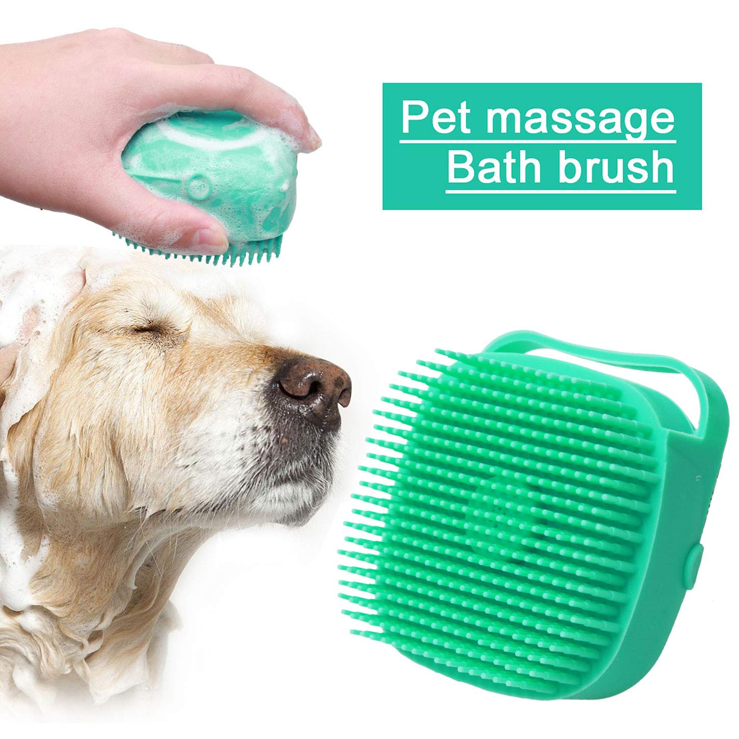 Green silicone pet bath brush massaging a dog’s coat with shampoo foam