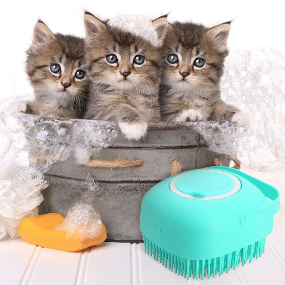 Turquoise silicone pet bath brush near kittens on a blanket, with massage nubs exposed