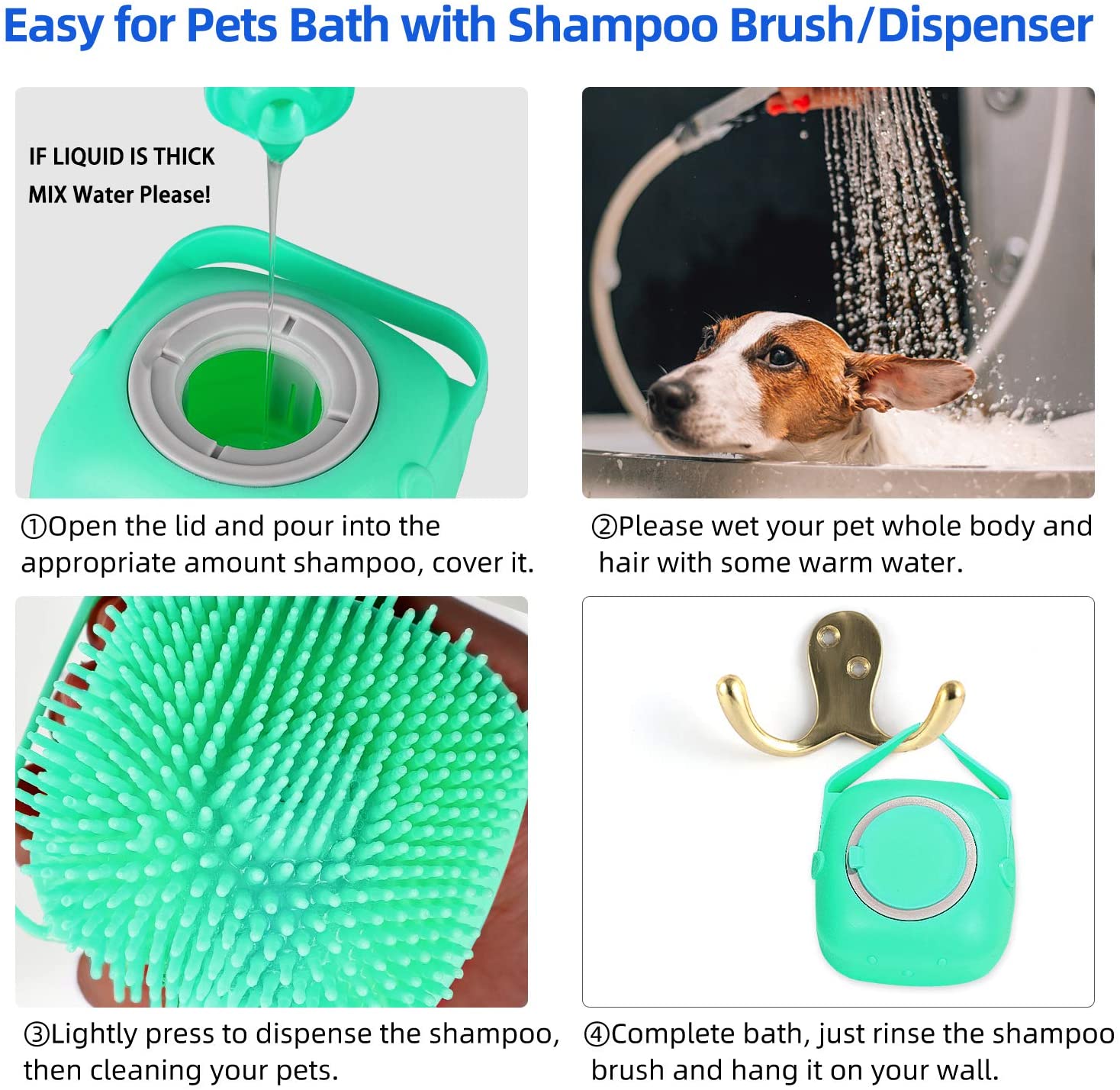 Green silicone pet bath brush with shampoo dispenser lid and massage bristle face