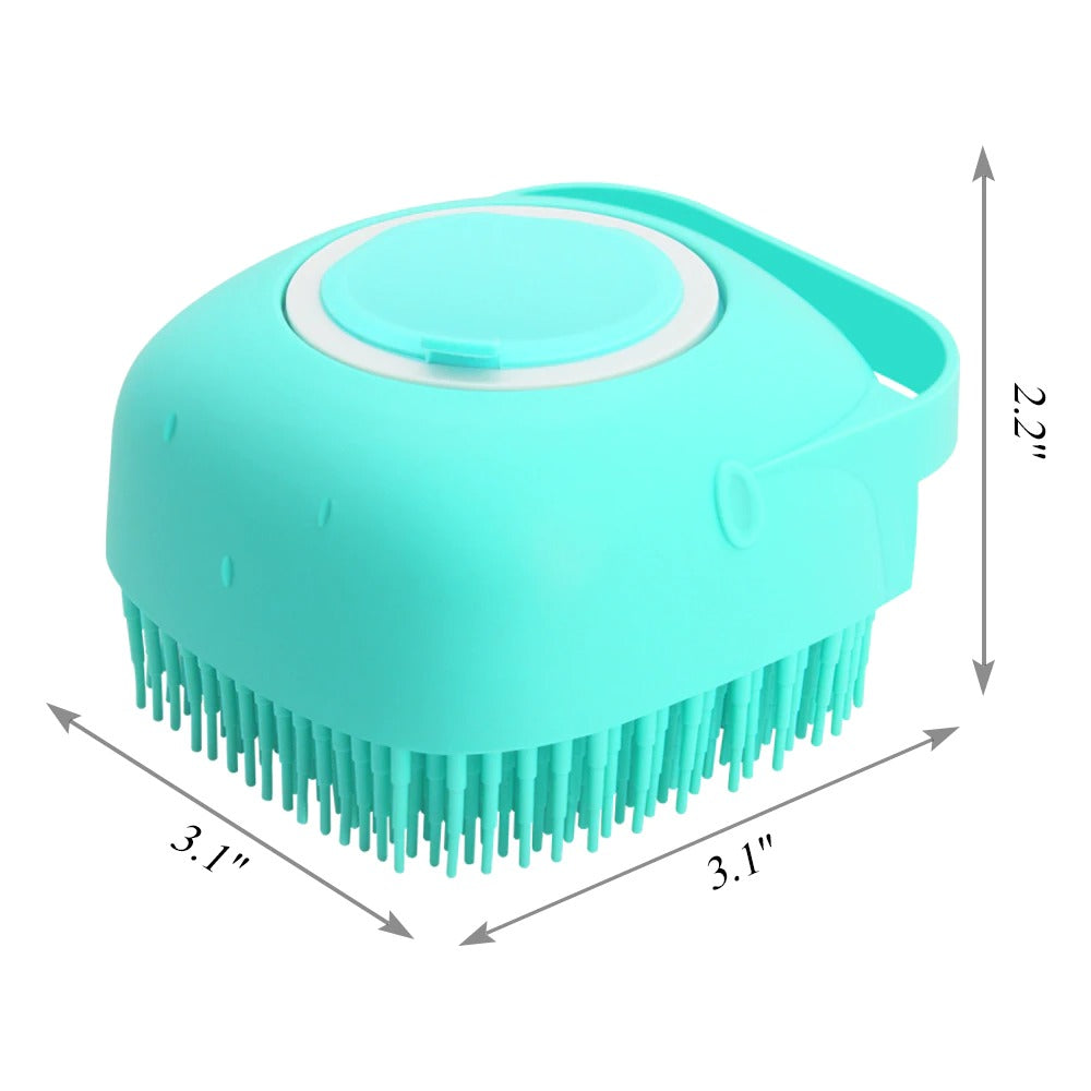 Turquoise silicone pet bath brush with circular dispenser lid and dense massage nubs
