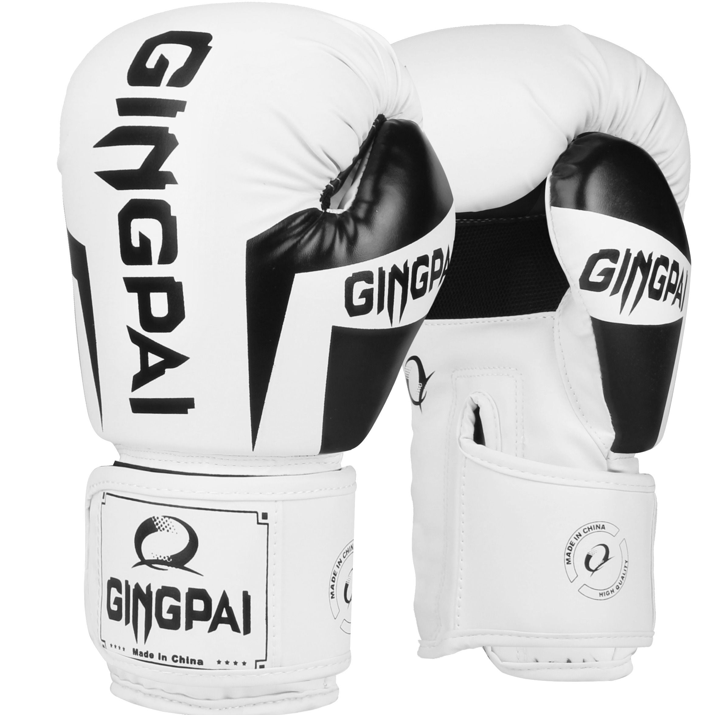 White boxing gloves with black accents and GINGPAI logos, pair