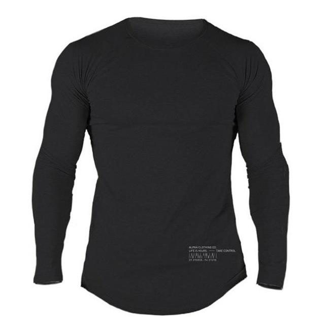 Men's long-sleeve training T-shirt, slim fit, black crew neck