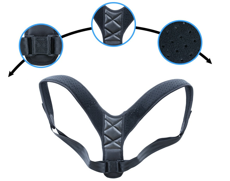 Posture support brace with padded V-back panel, black straps and perforated fabric.