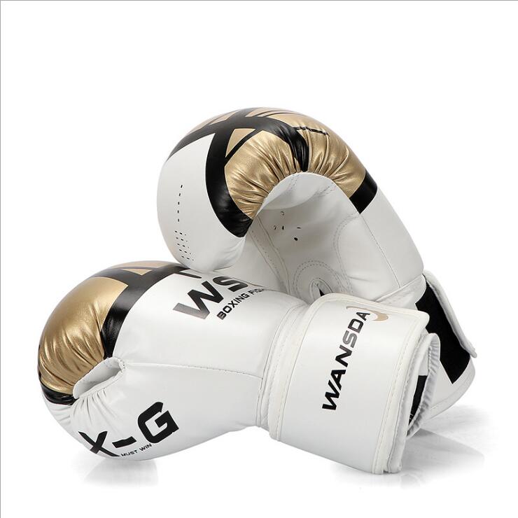 White and gold boxing gloves with padded knuckles and wrist wrap