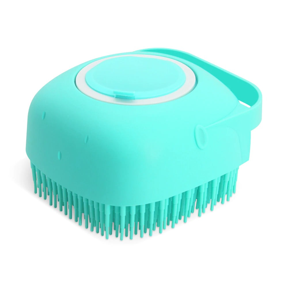 Pet grooming silicone brush with massage scrubber, teal body and soft bristles