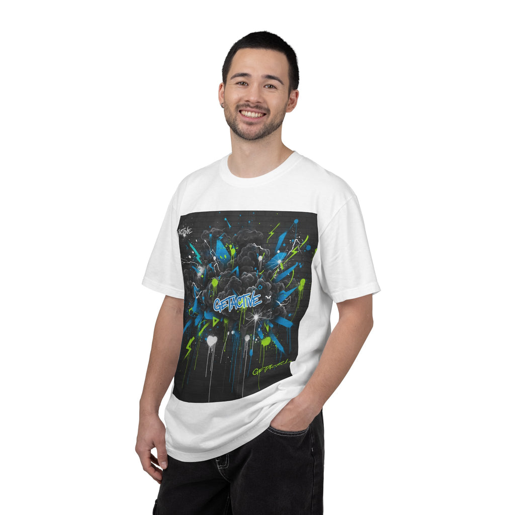 White 'GETACTIVE' graphic tee on model, front square burst print