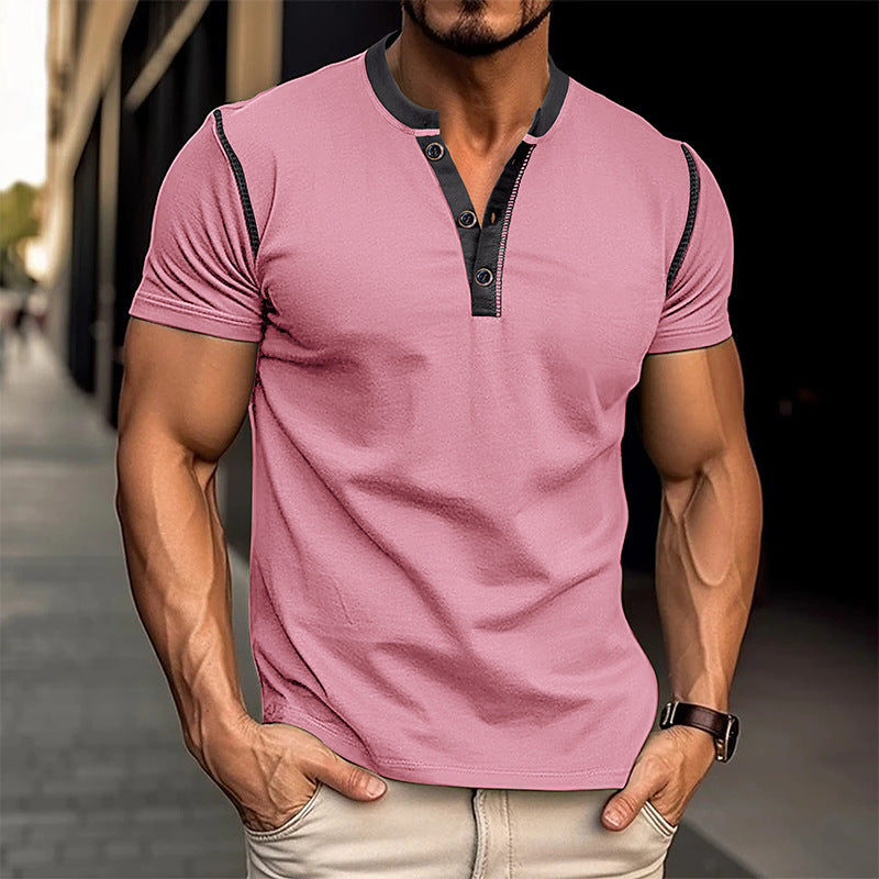 Men's v-neck button henley t-shirt, pink with dark contrast placket and trim
