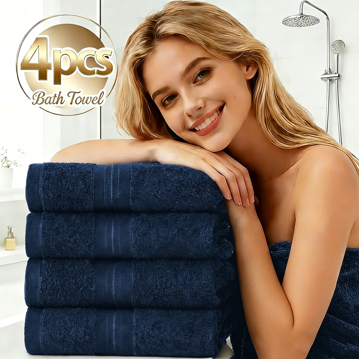 Navy blue cotton bath towel set, four folded towels with stitched stripe detail