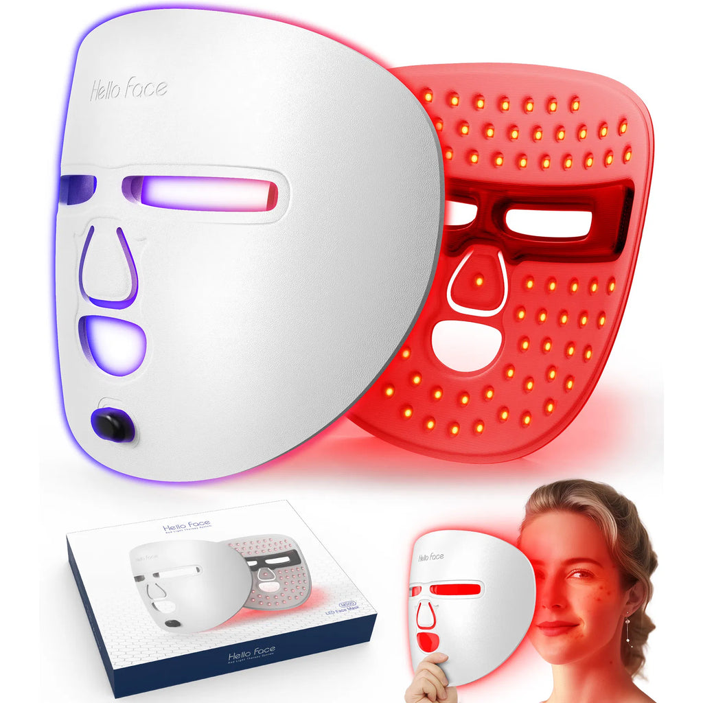White LED red-light face mask with red LED dot panel and purple glow around edges