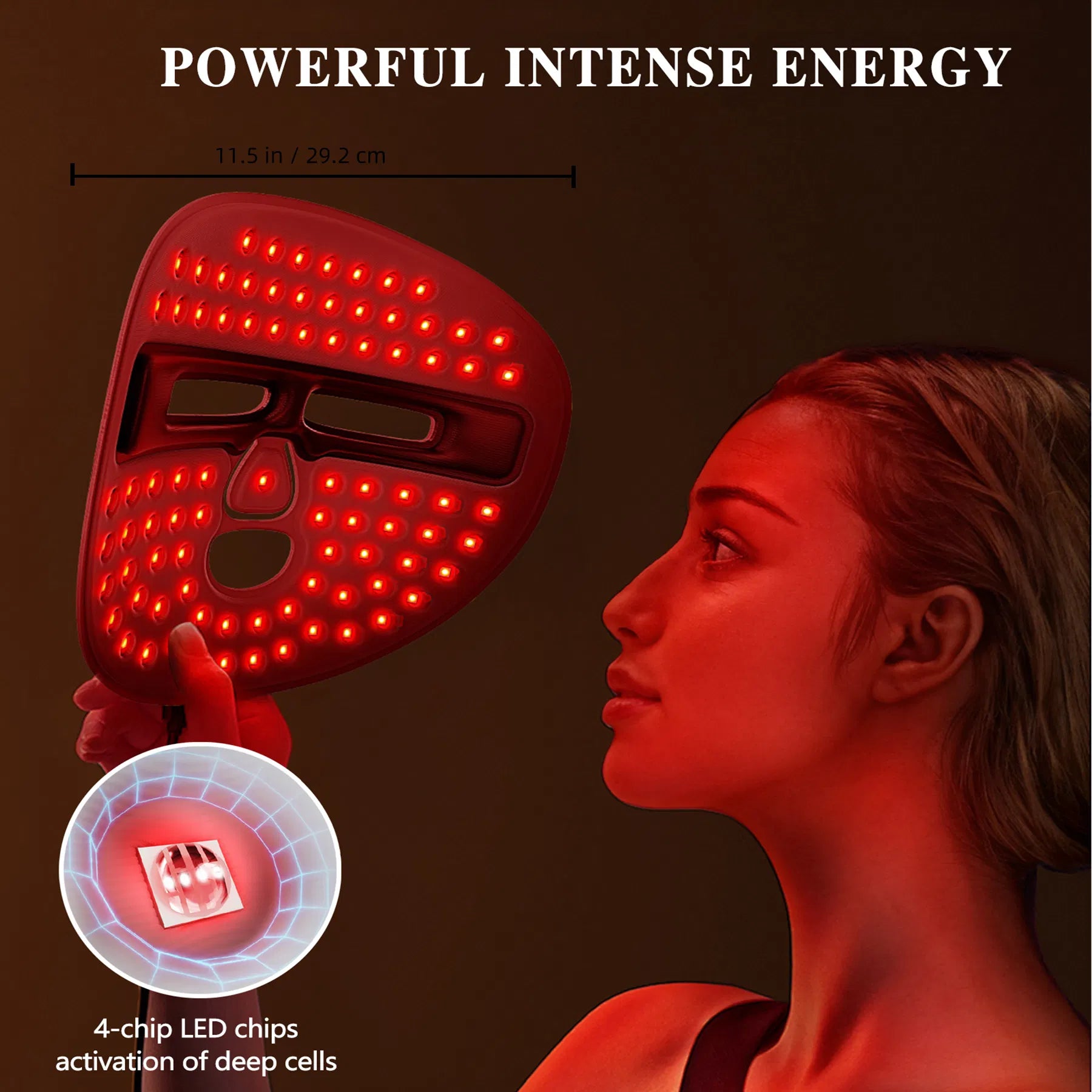 Red LED face mask side view with bright diode array and small LED chip inset