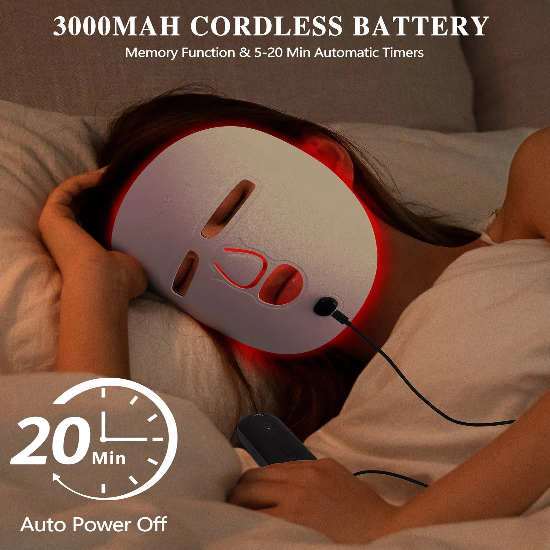 White LED face mask emitting red light while worn, with power cord visible