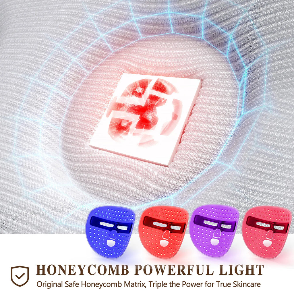 Honeycomb LED face mask light panel with red glow; four mask color options shown