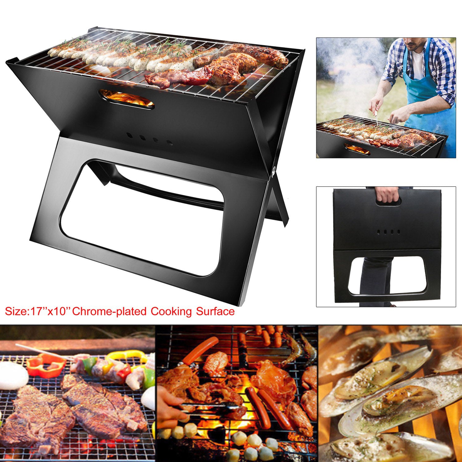 Black foldable charcoal BBQ grill with wire cooking grate and side vent window, ready to cook