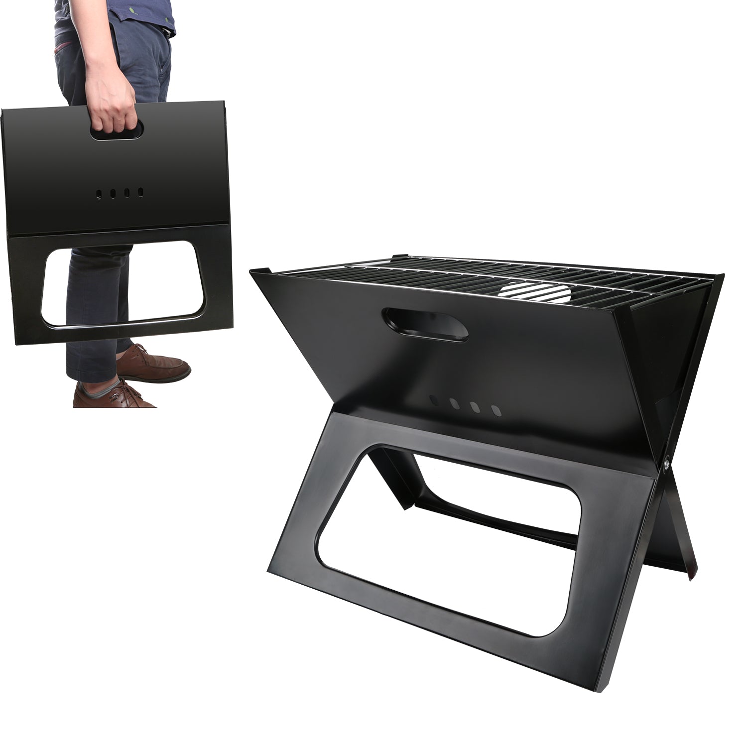 Black foldable charcoal grill lifted by top handle, showing front cutout and wire grate