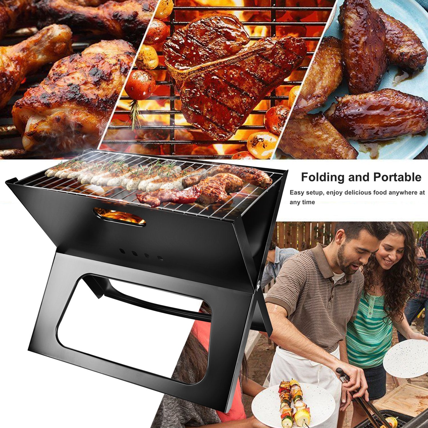 Black foldable charcoal grill with food on the grate, plus close-up of grilled meats
