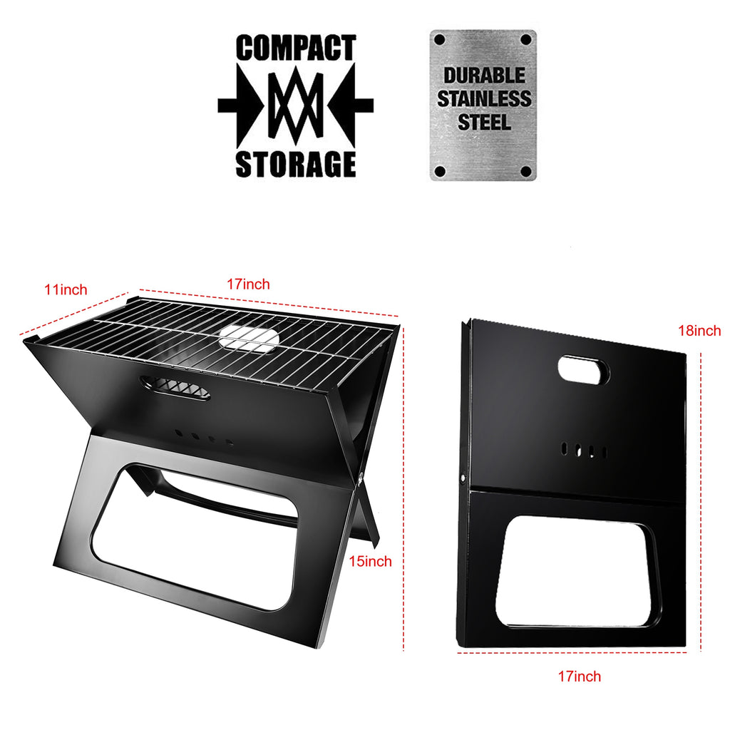 Compact black foldable charcoal grill with dimensions view and front handle cutout