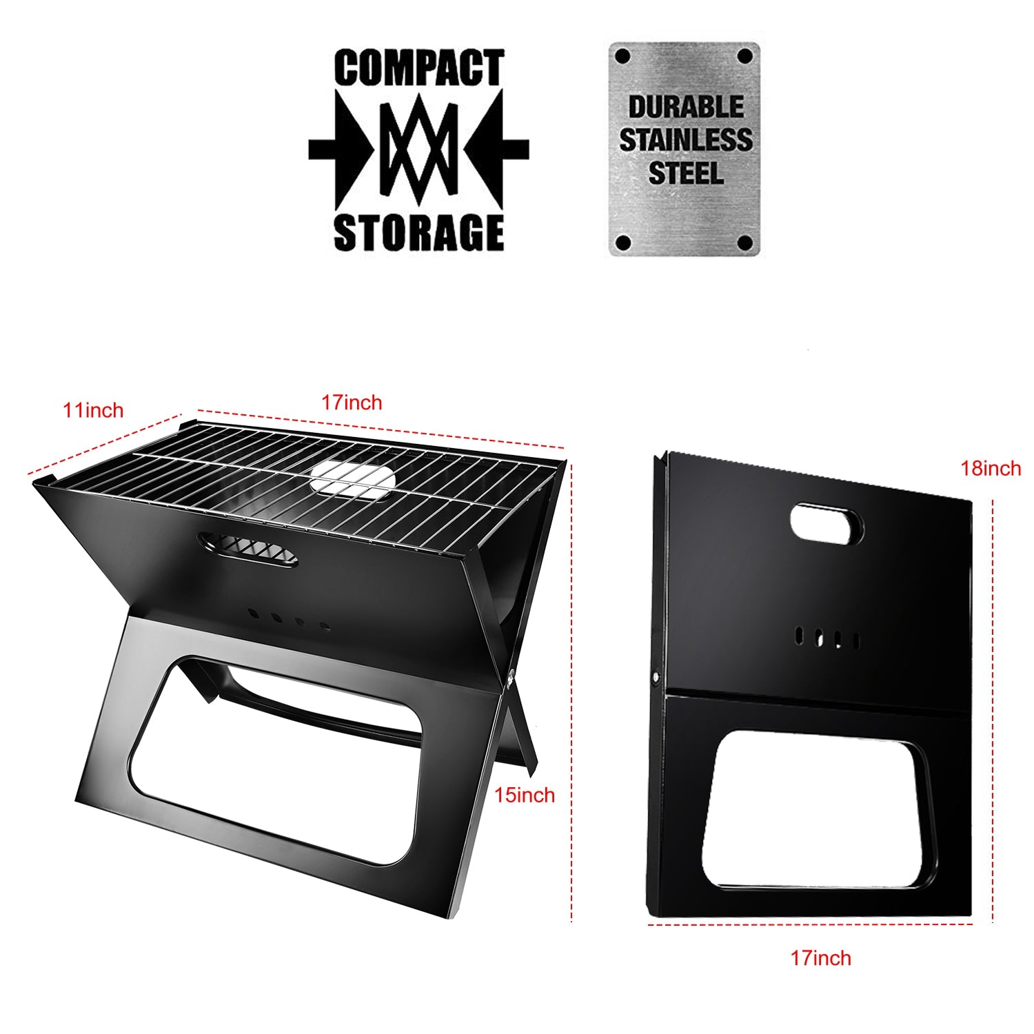 Compact black foldable charcoal grill with dimensions view and front handle cutout