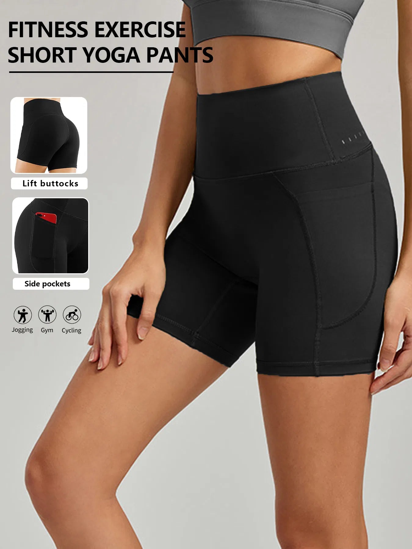 Black high-waist biker shorts with side pockets and smooth compression seams