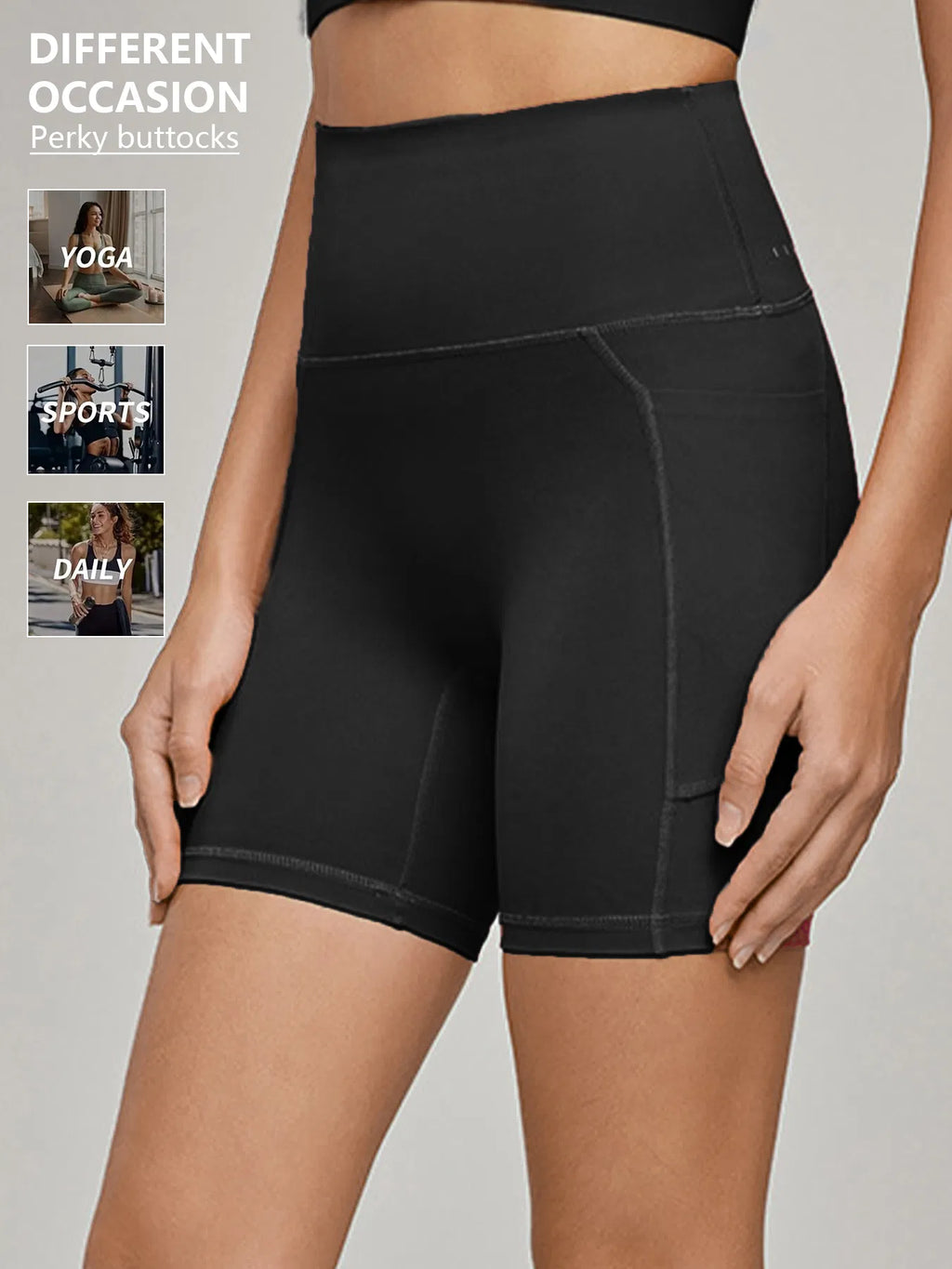 Black high-waist biker shorts with contour seam stitching and thigh-length fit