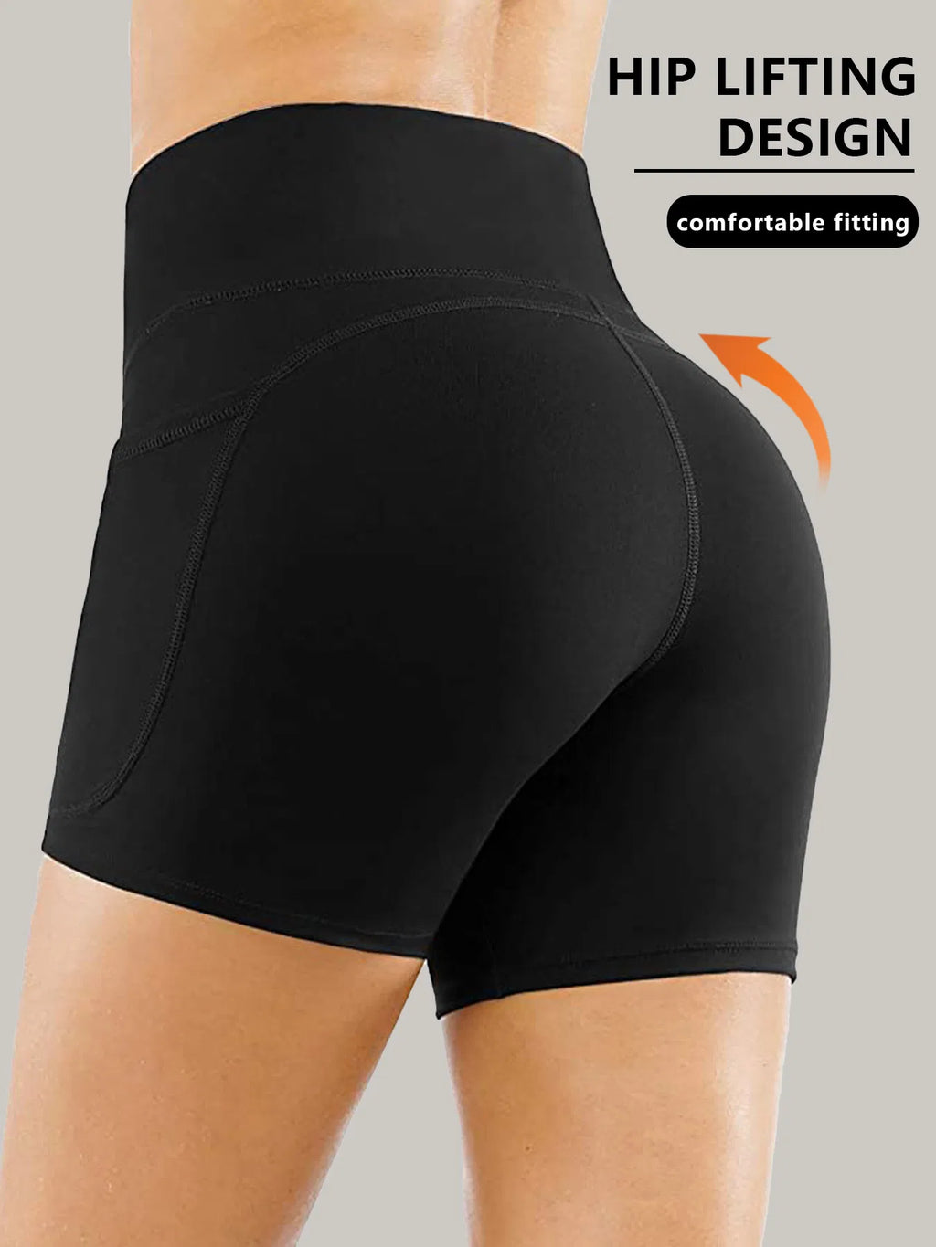 Black biker shorts with hip-lifting curved seam panel