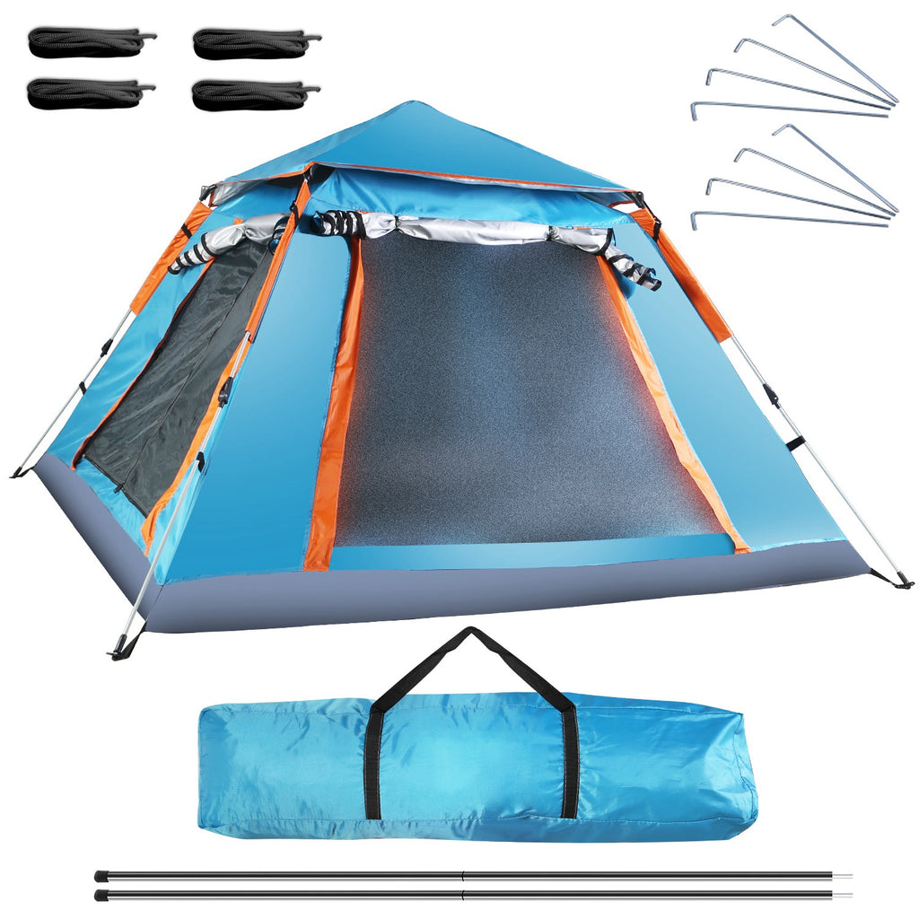 Camping tent for 4-5 people, blue with orange trim, open front with mesh panels