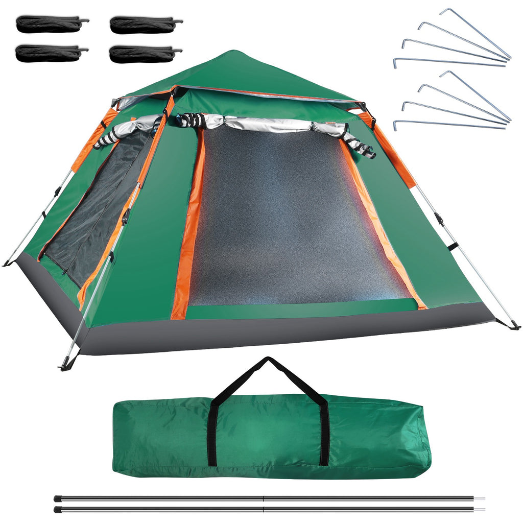 Camping tent for 4-5 people, green with orange trim, open front with mesh panels