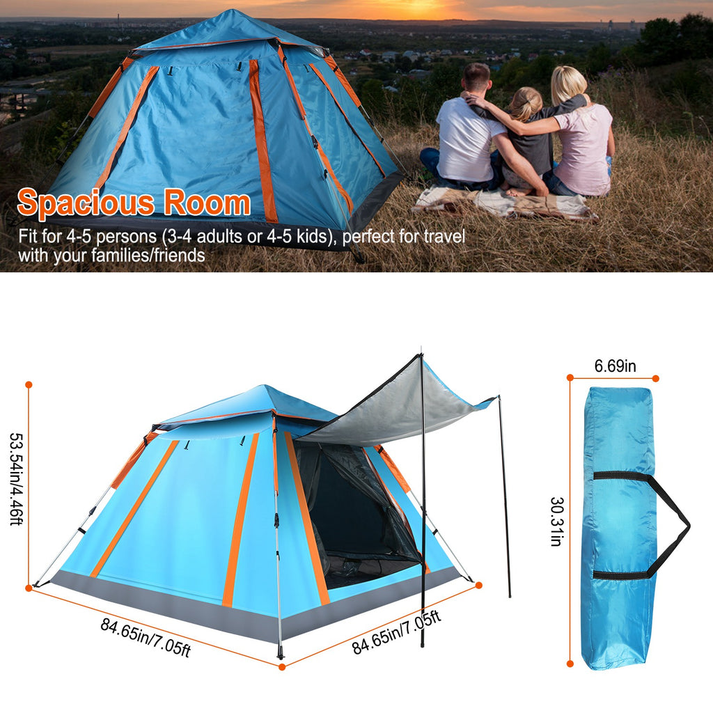 Blue camping tent with orange trim, open front door and mesh panels