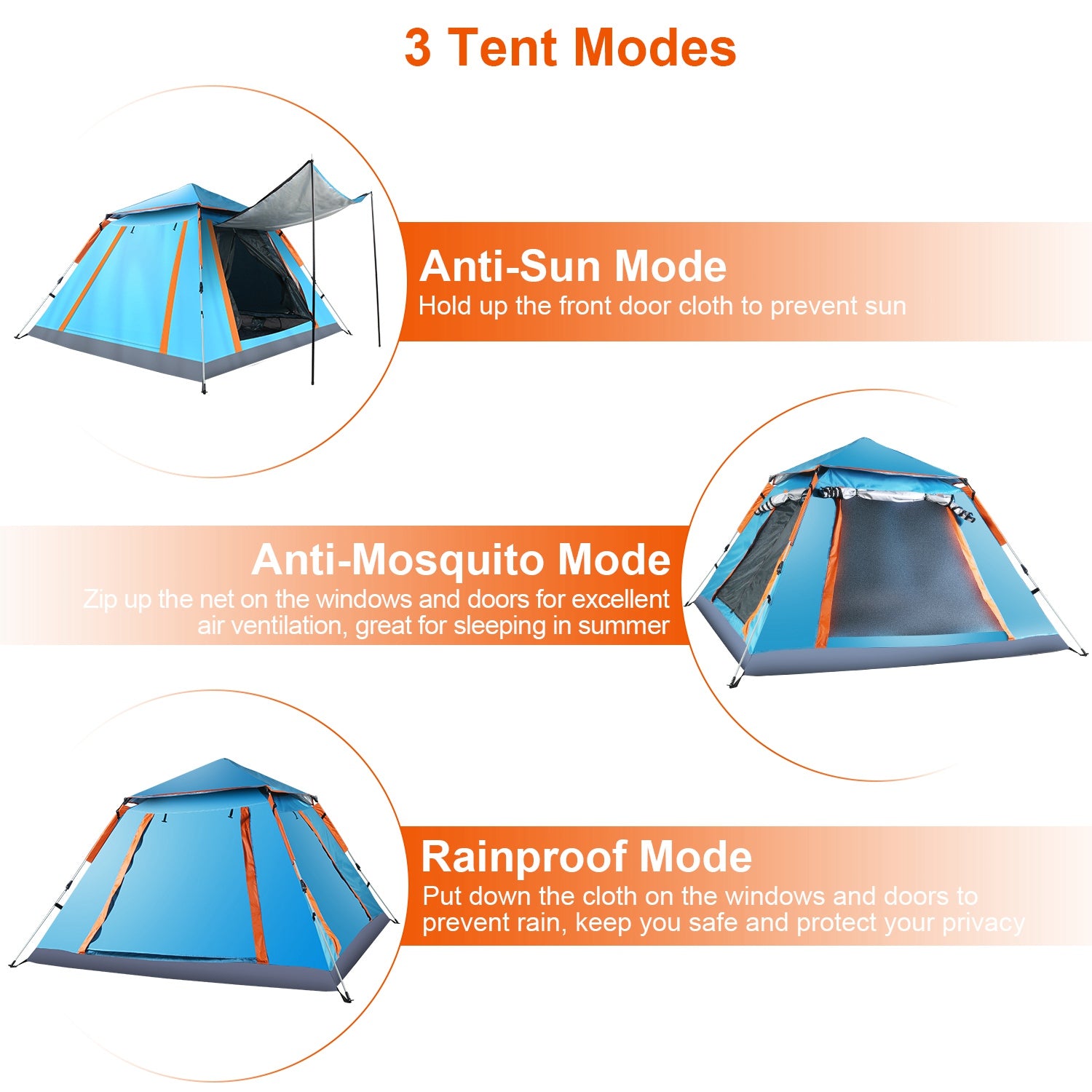 Camping tent for 4-5 people shown in three modes: open, net, and rainproof setup