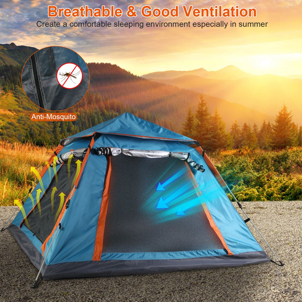 Blue camping tent with ventilation openings and anti-mosquito mesh netting