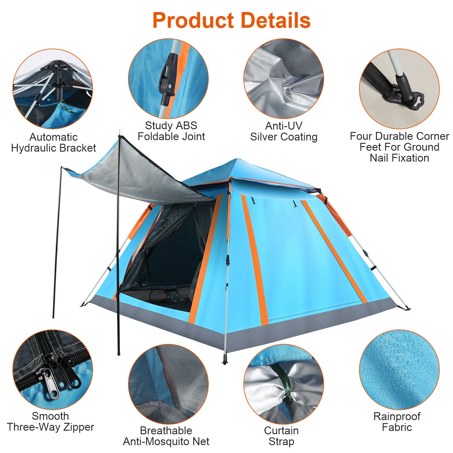 Blue camping tent with zipper entry door, anti-mosquito net and rainproof fabric