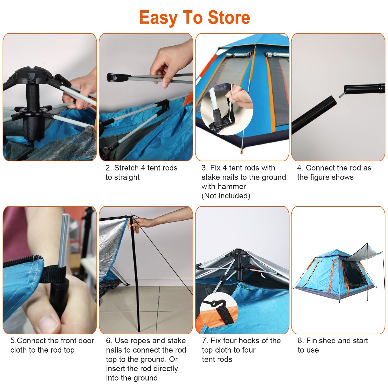 Blue camping tent with orange trim with labeled dimensions and carry bag
