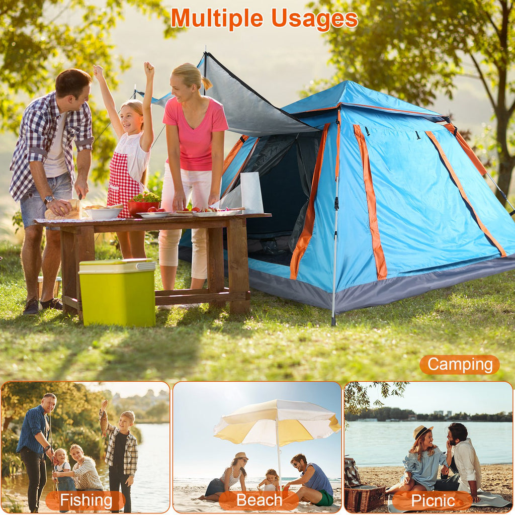 Blue camping tent with orange trim, open doorway and mesh side panels