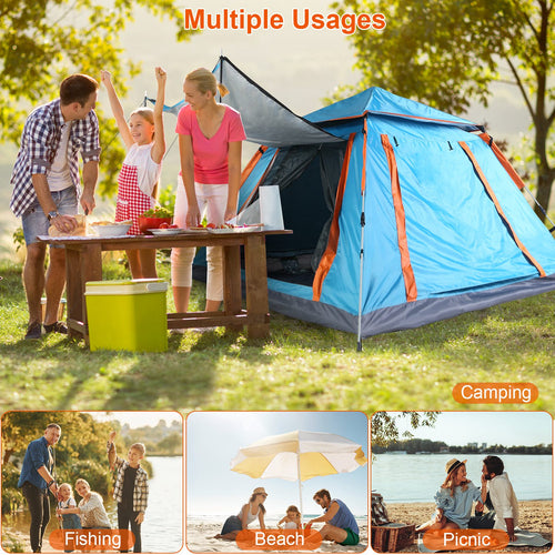 Blue camping tent with orange trim, open doorway and mesh side panels