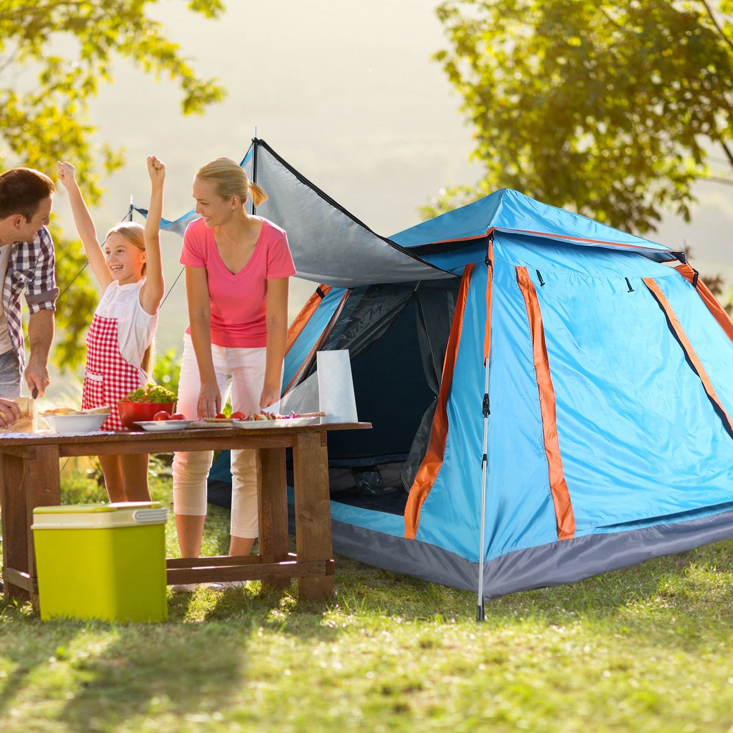 Blue camping tent setup showing poles, door straps, and connected tent corners