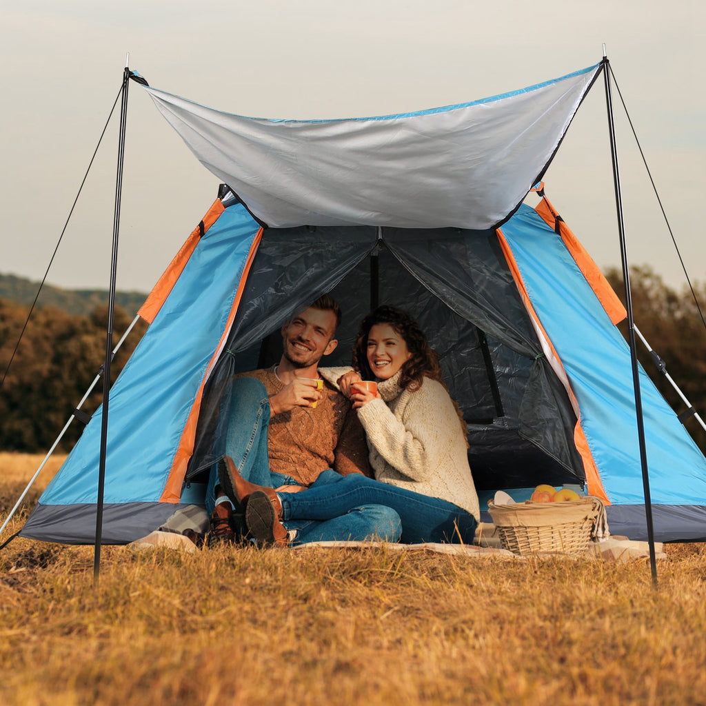 Blue camping tent with open top canopy, mesh interior and orange side panels