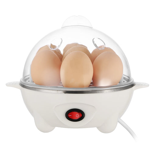 White 7-egg electric egg cooker with clear dome lid, brown eggs, and red power button