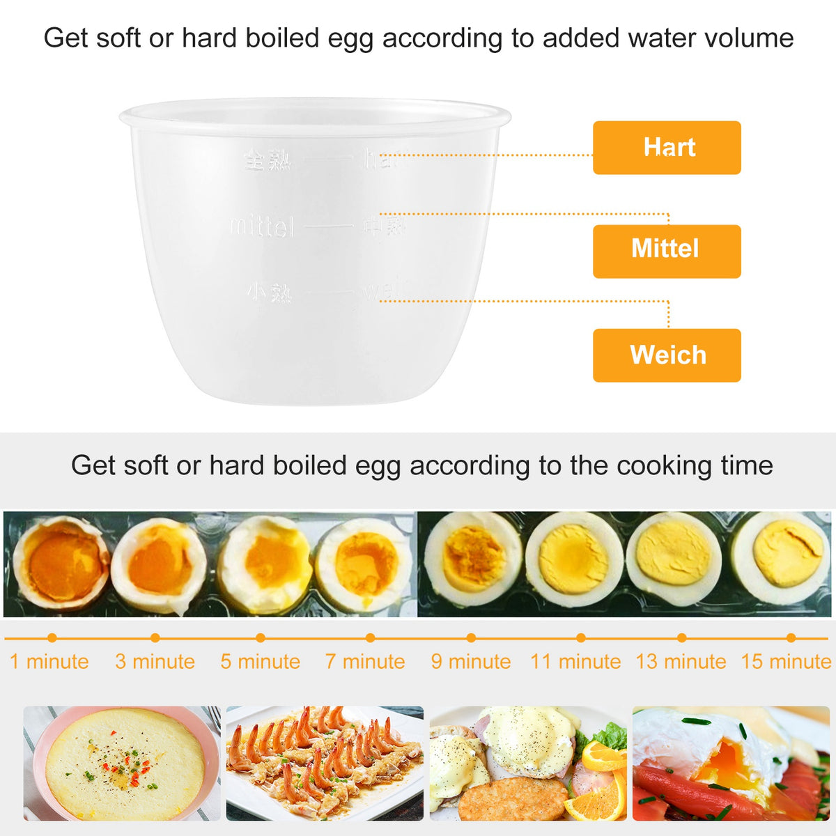 White electric egg cooker measuring guide showing soft to hard boil levels