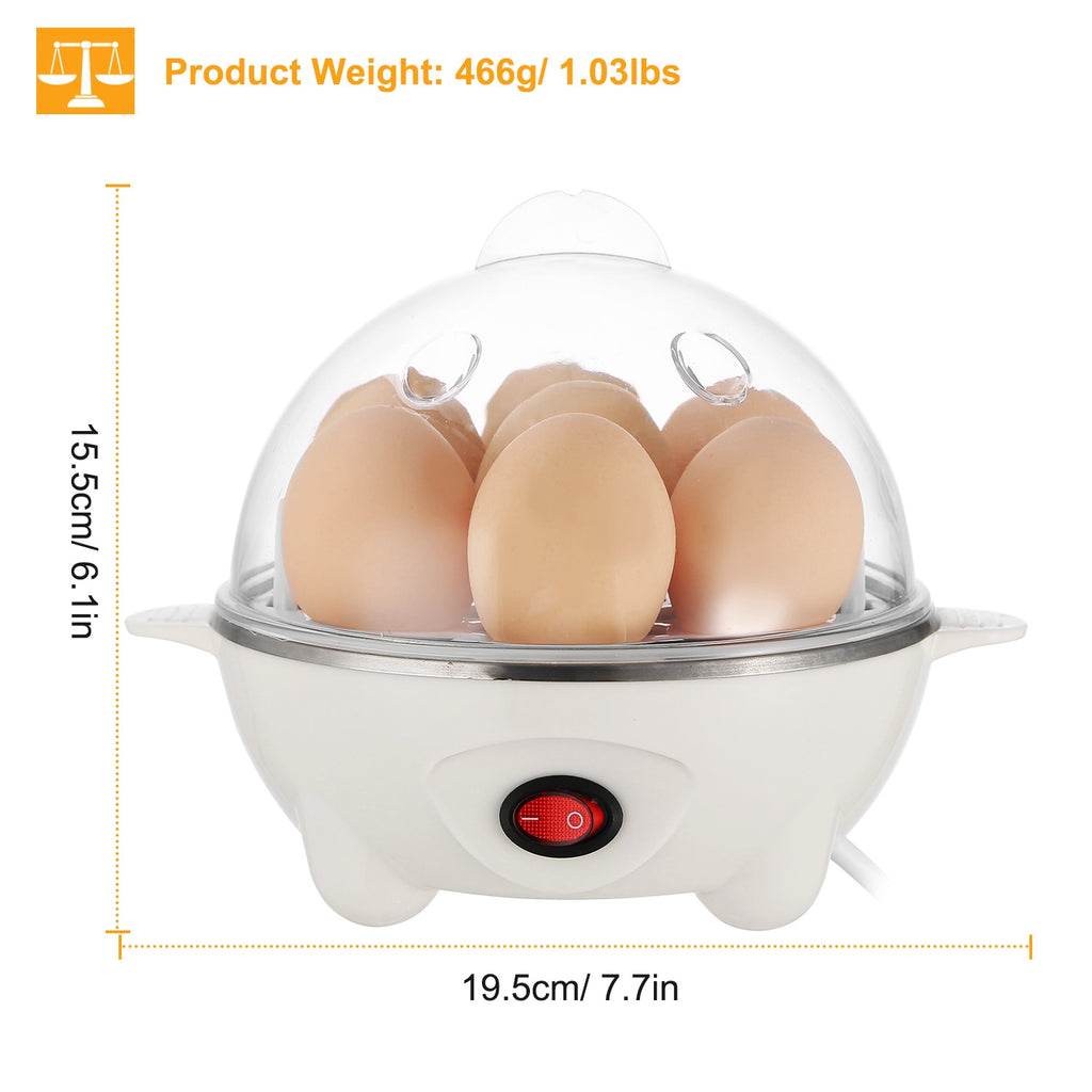 White electric egg cooker with clear lid, several brown eggs, and red power switch