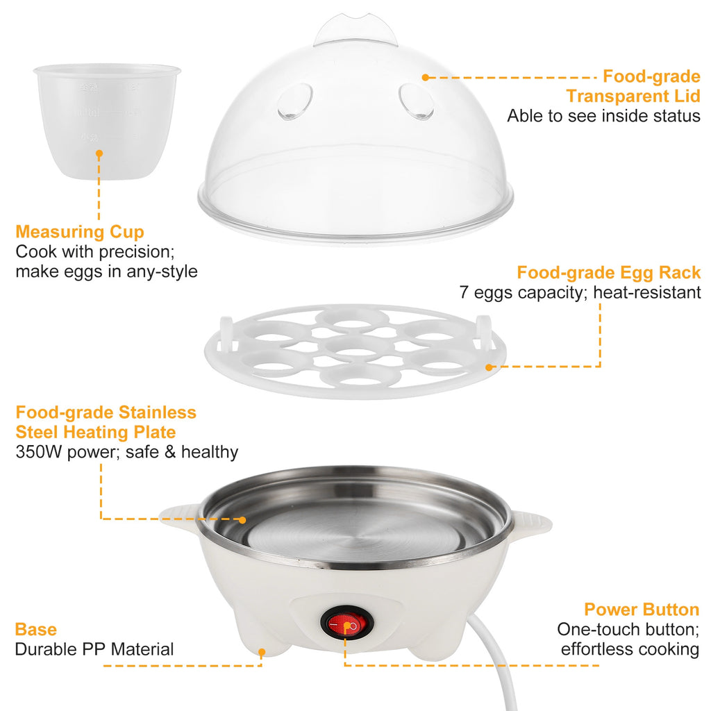 White electric egg cooker with transparent lid, stainless heating plate, and egg rack