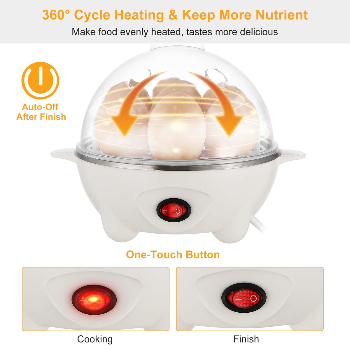 White egg cooker with clear lid, brown eggs, and red one-touch button cooking indicators