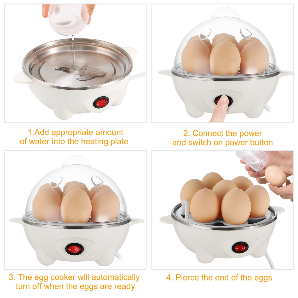 White electric egg cooker steps showing steaming water bowl and red power switch