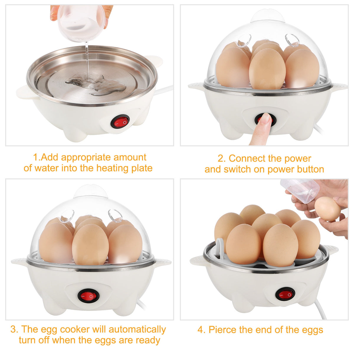 White electric egg cooker steps showing steaming water bowl and red power switch