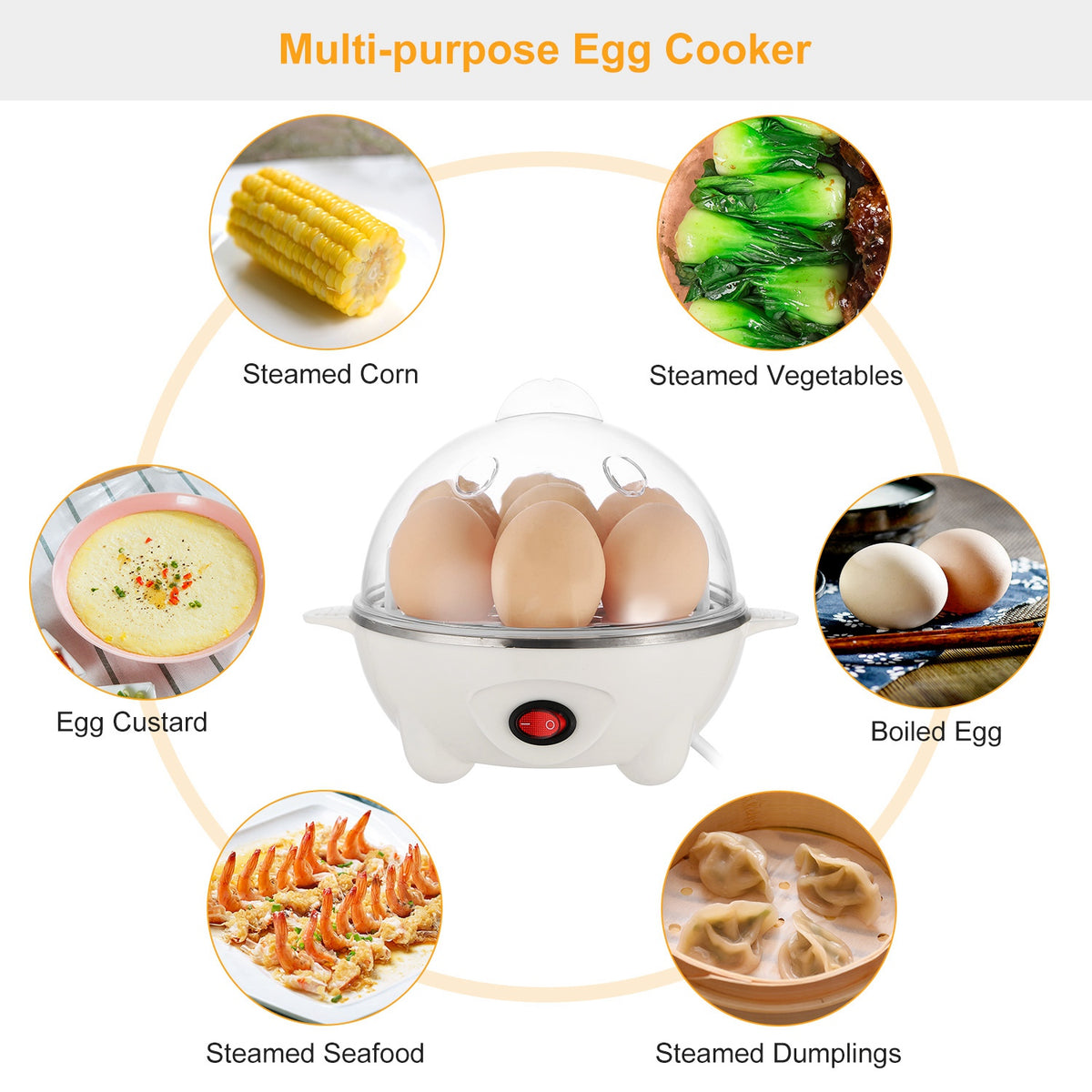 White electric egg cooker with clear dome lid and red power button, showing egg cooking uses