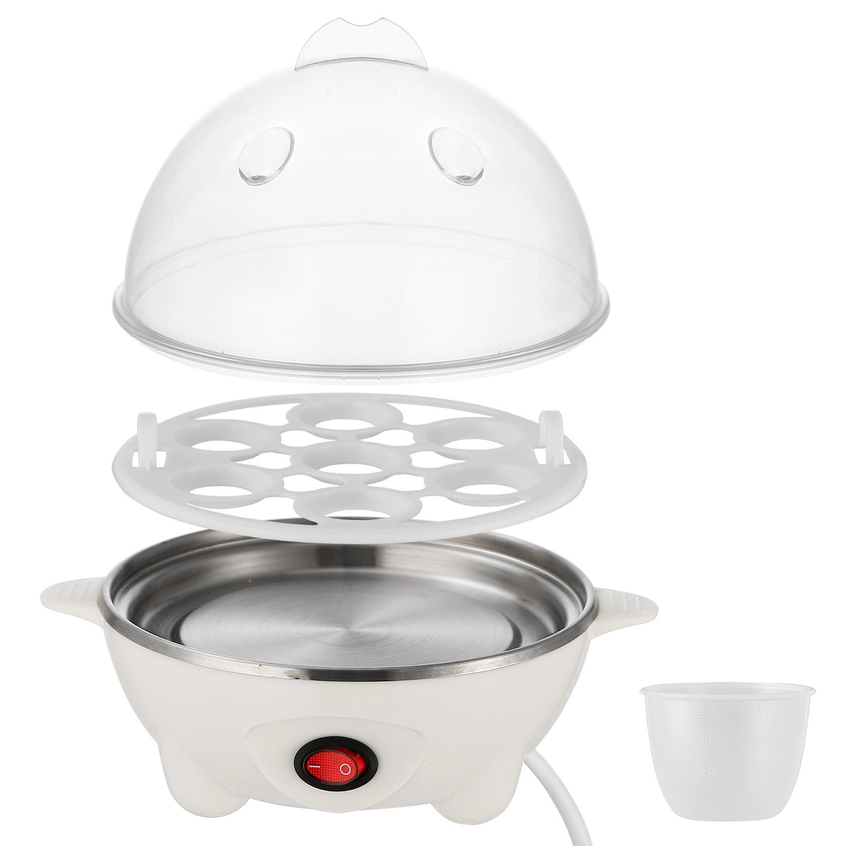 White electric egg cooker with clear lid, metal heating plate, egg rack, and measuring cup