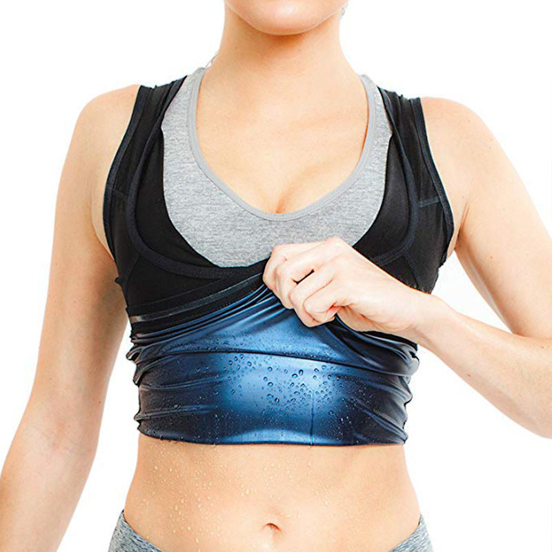 Neoprene waist trainer vest on body: black outer and shiny blue front panel