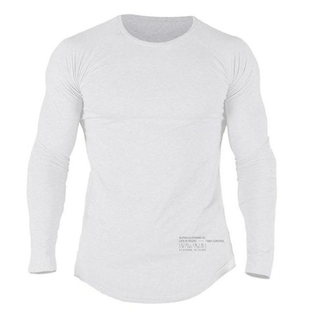 Men's long-sleeve training T-shirt, slim fit, white crew neck