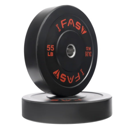 Black 55 lb rubber-coated bumper weight plate with 2-inch steel insert and center hole