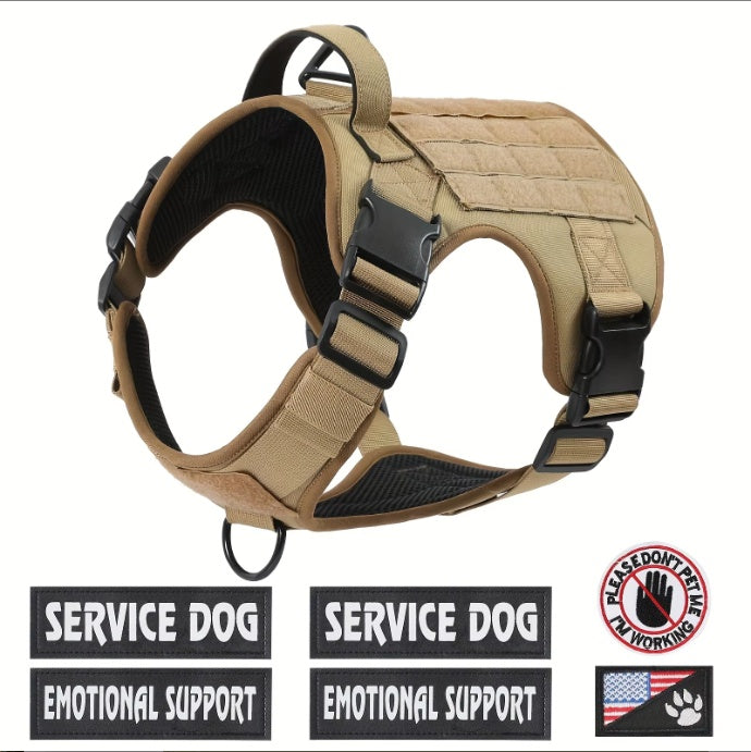 Tan tactical service dog harness vest with front D-ring and adjustable chest straps