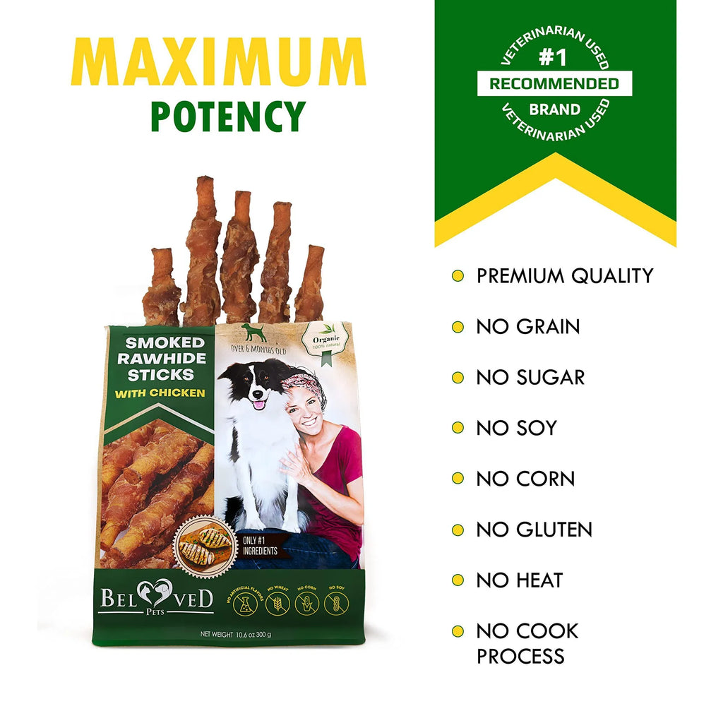 Smoked rawhide sticks with chicken dog chews; bag and upright stack of sticks