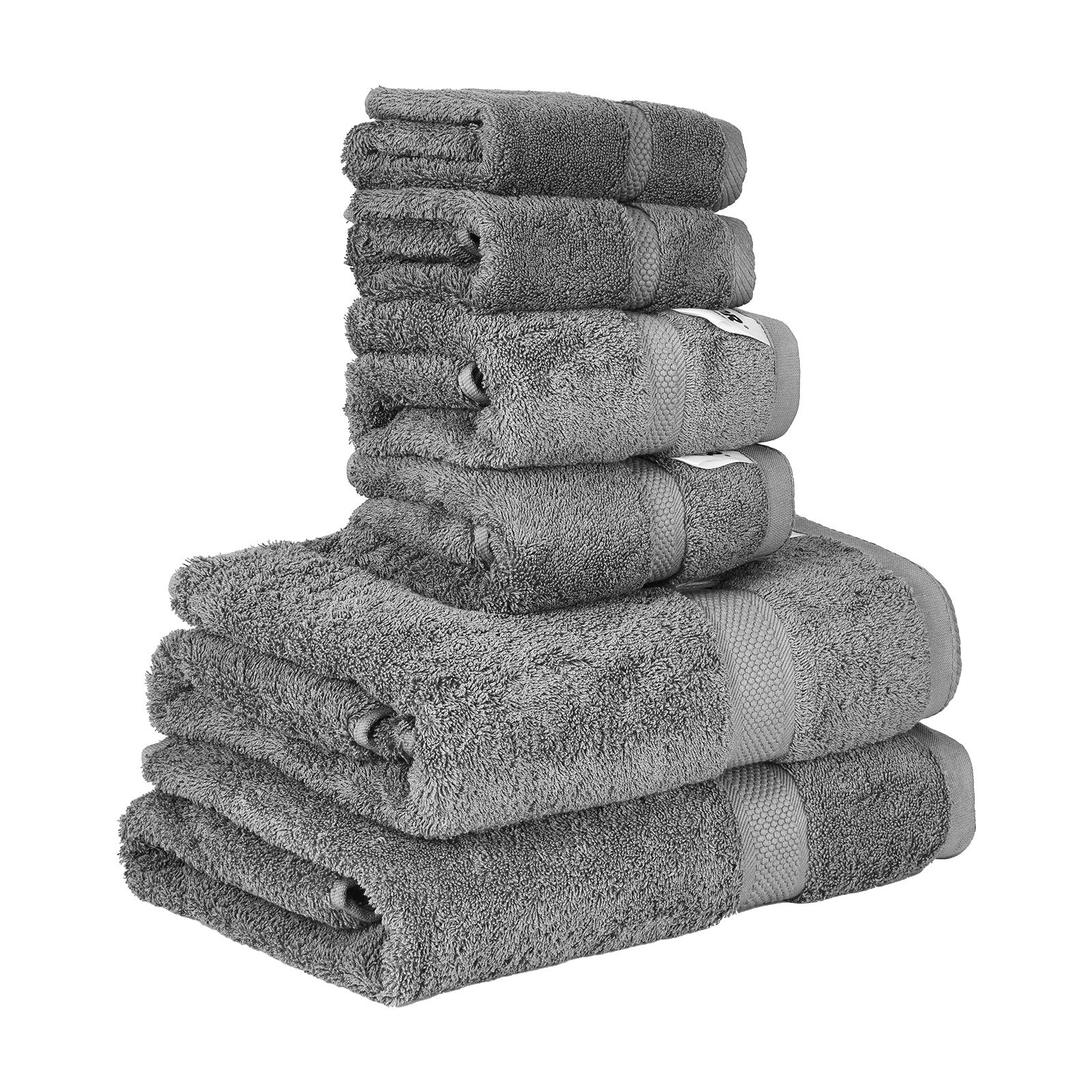 Stack of folded grey towels with looped terry pile and woven banded trim